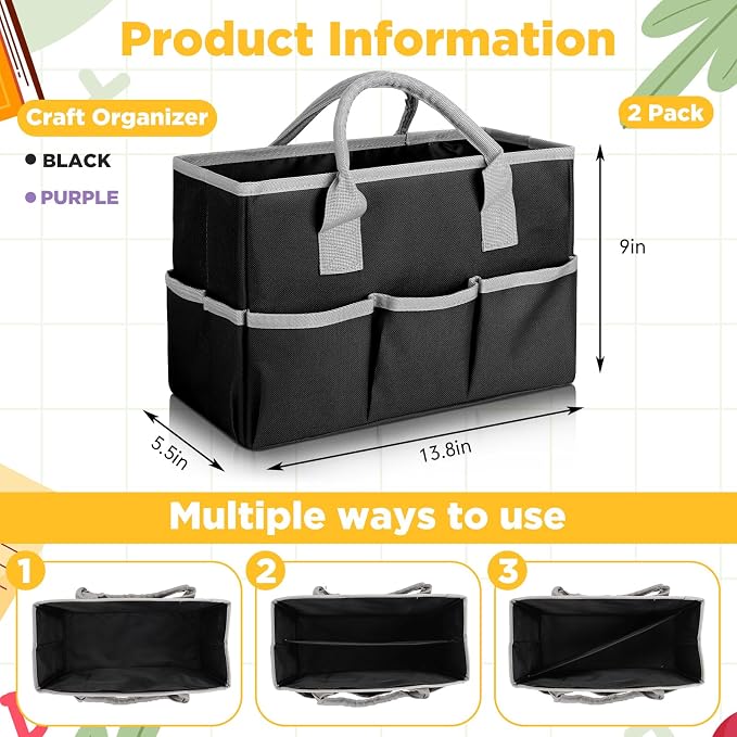 Tellingyou 2 Pcs Art Craft Tote Bag Teacher Craft Organizers and Storage Bag Desktop Tote Supply 600d Oxford Classroom Organizer Caddy Gift for Crafters Christmas Office(Black, Purple)