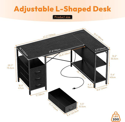 Alpen Computer Desk with Drawers, L Shaped Desk for Bedroom with Power Outlets, Gaming Table with Storage Shelves, Corner Desk for Gaming, Study Writing PC Table, 47.2 Inch, Black