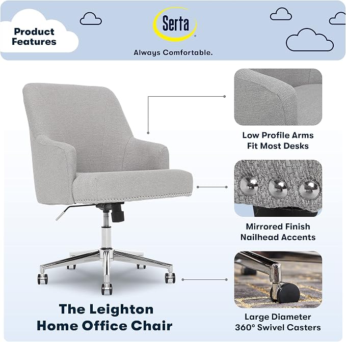 Serta Leighton Home Office Desk Chair, Mid-Back with Chrome Nailheads, Memory Foam Cushion and Padded Arms, Modern Makeup Vanity Armchair with Wheels, Swivel Base, Twill Fabric, Light Gray