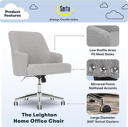 Serta Leighton Home Office Desk Chair, Mid-Back with Chrome Nailheads, Memory Foam Cushion and Padded Arms, Modern Makeup Vanity Armchair with Wheels, Swivel Base, Twill Fabric, Light Gray