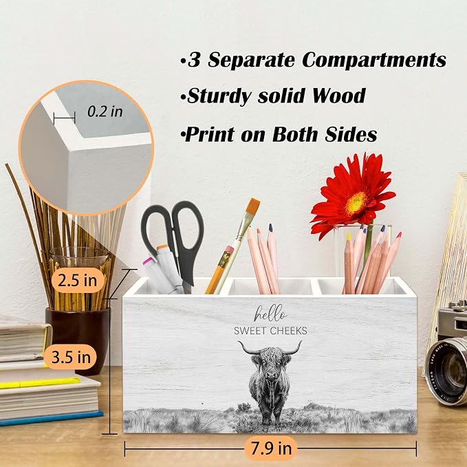 Highland Cow Gifts Pen Holder for Bathroom, Funny Highland Cow Decor Pencil Organizer, Hello Sweet Cheeks Western Rustic Farmhouse Wooden Pen Holder Desk Accessories Decor for Bathroom