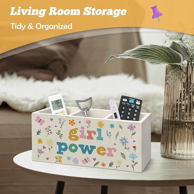Boho Girl Power Pen Holder Organizer for Desk Accessories, Girls Room Decor, Inspirational Wildflower Wooden Box Sign Desk Decorations for Girls Room Bedroom Dorm Classroom Decor