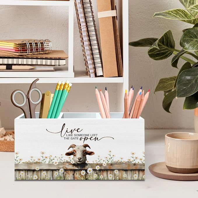DILSJ Goat Inspirational Pen Pencil Holder Organizer for Desk, Gifts for Goat Lovers Women, Live Like Someone Left the Gate Open Wooden Box Signs for Home Office Desk Tabletop Decoration