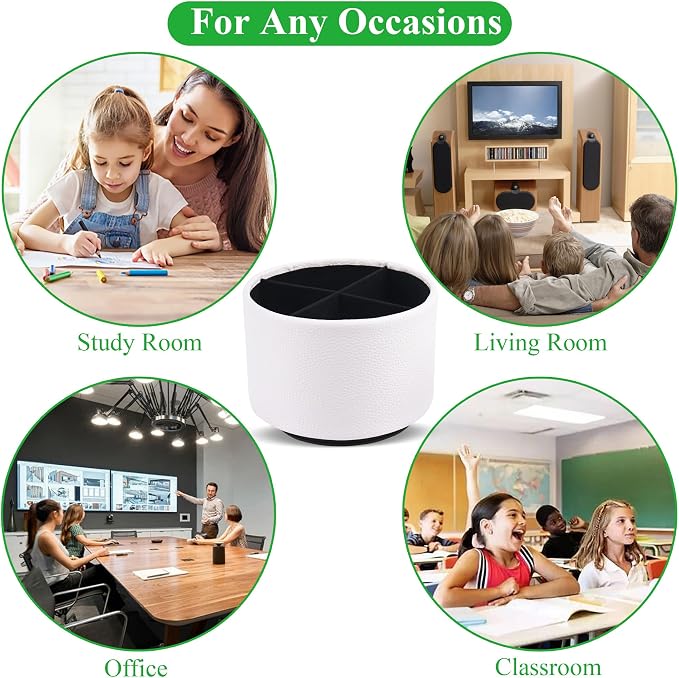 Round Leather Art Supply Organizer,Remote Control Holder,360 Degree Spinning,Multi-Functional Pencil Holder,4 Compartments Desktop Stationary Organizer(1-Lichee White)