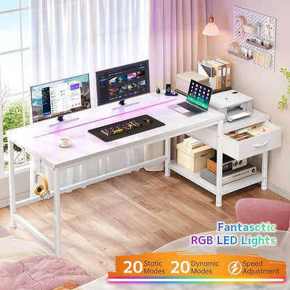 DurayLoly 56 Inch White Computer Desk with Printer Shelf, Power Outlet & LED Lights, Reversible Office Desk with Drawers & Hooks for Headphone, Bags for Bedroom,Dorm,Teens Study Room,White