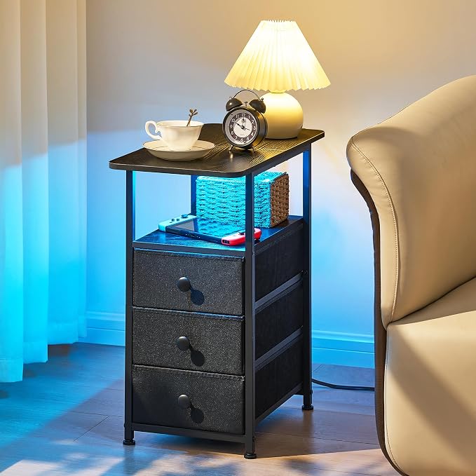 DALEMHOME Narrow End Table with Charging Station, Narrow Side Table with 3 Fabric Drawers, Slim Nightstand with LED Light, Small Bedside Table with Storage, Living Room, Bedroom, Black HKET1303BK