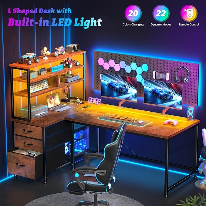 55"Computer Desk with Remote Aluminum LED Lights, 3 Fabric Drawers & 3 Shelves, Reversible L Shaped Desk Office Desk with Power Outlet and PC Stand for Gaming Desk, Corner Desk for Bedroom,Dorm, Brown