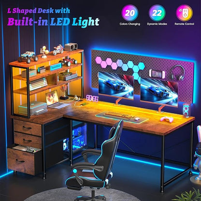 DurayLoly Office Desk with 3 Fabric Drawers & Shelf, Reversible L Shaped Desk Computer Desk with Remote LED Lights, Power Outlet and PC Stand for Home Office Desk, Corner Desk for Bedroom, Brown