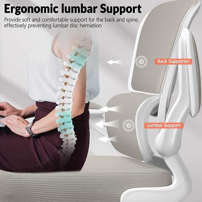 BESTFAIR Ergonomic Mesh Office Chair, Breathable Mesh Computer Desk Chair, Adjustable Lumbar Support, Flip-up Armrests, Executive Swivel Chair for Home Office, LightGray