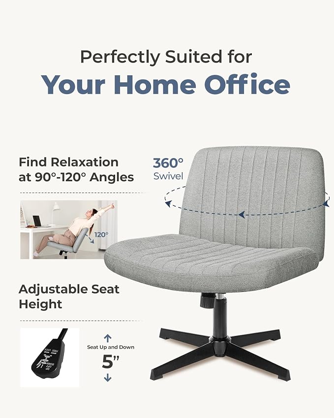 NEO Chair Criss Cross Chair No Wheels, Armless Cross Legged Office Desk Chair, Vanity Makeup Fabric Computer Comfy Adjustable Swivel Ergonomic Living Bedroom for Home Office (Fabric Grey)