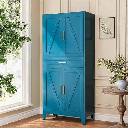 Metal Storage Cabinets with Drawer, 71" Filing Cabinet with 4 Adjustable Shelves & 4 Doors, Modern Abstract Rhombus Geometric Design File Cabinet for Home,Office,Garage,Shop,School, Blue