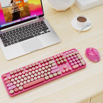 Nowlike Wireless Keyboard and Mouse Combo, Retro Typewriter Keyboard with Round Keycaps, Full-Size Ergonomic, Red, Ideal for Windows PC, Home, Office, and College, Wireless Keyboard Mouse Combo
