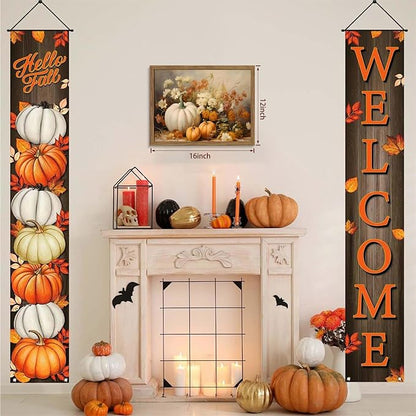 Framed Fall Pumpkin Wall Art - White Pumpkin and Autumn Floral Canvas Print, Rustic Farmhouse Harvest Halloween Thanksgiving Wall Decor for Living Room Bedroom Dining Room, 12x16in Wood Frame