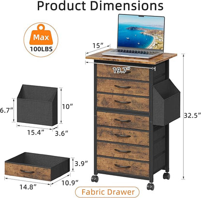 HIGDBFE 7 Fabric Drawers File Cabinet with Side Pocket, Rolling Printer Stand with Storage for Home Office, Wood Top Storage Cabinet for Documents and Crafts, Rustic Brown, 15" D