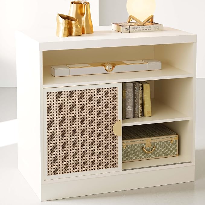 ModernMate Modern Wood Accent Cabinet with Sliding Door, Adjustable Open Shelves & Gold Handle Storage Cabinet for Home Office, 31W*20D*29H, White Rattan