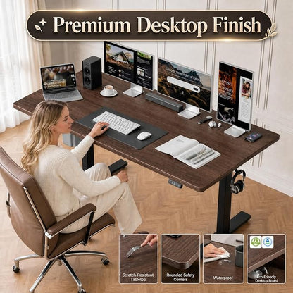 Grandder 63x32 Large Electric Standing Desk, Height Adjustable Computer Desk with 2 Memory Presets, 31.5" Deep Desktop Sit Stand Desk Home Office Desk Workstation Table with Hooks, Walnut