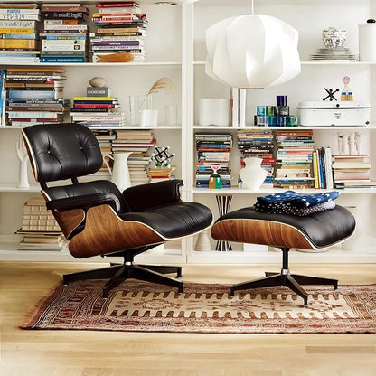 Mid Century Chaise Lounge Chair with Ottoman, Genuine Leather Reading Chair, Modern Chair Classic Design, Heavy Duty Base Support for Living Room Study Lounge Office,Tall Premium, Walnut Black