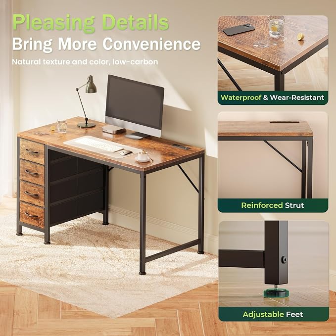 PRAISUN 39.4 Inch Computer Office Desk with Power Outelts and USB-C Port, Reversible Gaming Desk with 4 Fabric Drawers, Work Study Desk Work from Home, Rustic Brown