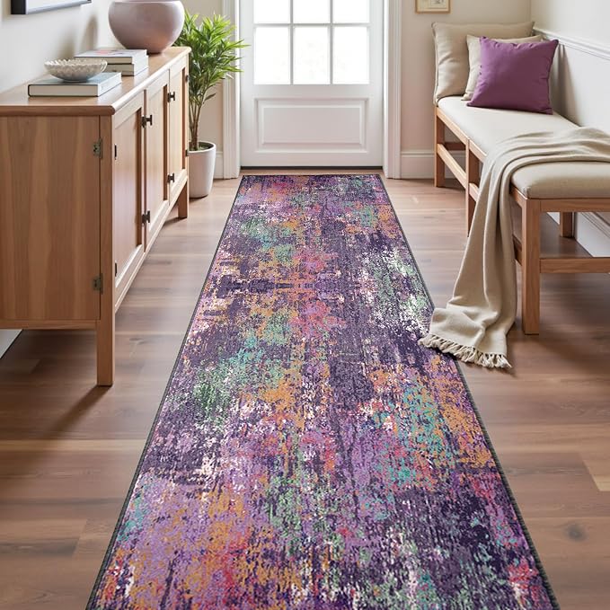 RELEANY Washable Area Rugs 2'x10' Non-Slip Modern Abstract Soft for Living Room Entryway Bedroom Kitchen, Print Pattern, Purple Orange Blue Green Rust Red Colorful