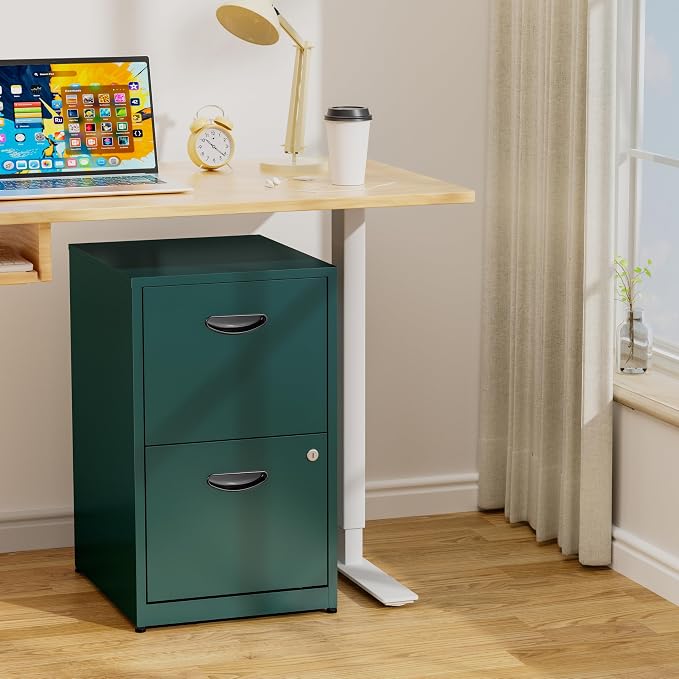 2 Drawer File Cabinet with Lock,Green Small Filing Cabinet for Home Office,Metal Vertical File Under Desk Cabinets for A4/Letter,Assembly Required