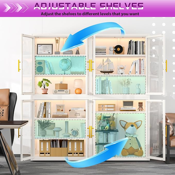 PAOFIN 67" Display Cabinet with Glass Doors, 4-Tier Curio Cabinet with Many Color Lights for Collectibles, Glass Display Case, Bookcase with 4 Shelves, Storage Cabinets, White