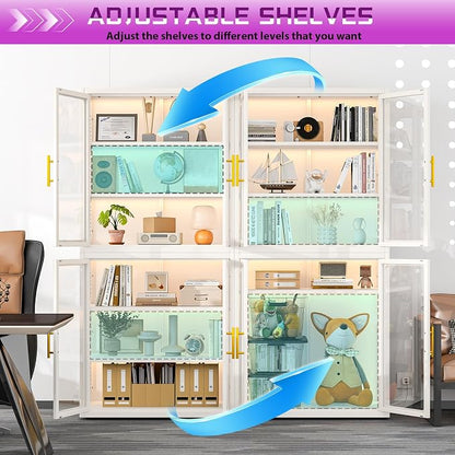 PAOFIN 67" Display Cabinet with Glass Doors, 4-Tier Curio Cabinet with Many Color Lights for Collectibles, Glass Display Case, Bookcase with 4 Shelves, Storage Cabinets, White