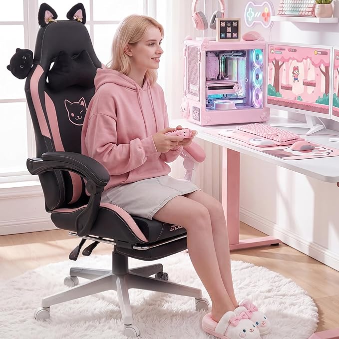 Dowinx Pink Gaming Chair with Cat Ears and Massage Lumbar Support, Ergonomic Computer Chair with Footrest and Headrest, Comfortable Reclining Game Chair 290lbs for Adults, Black