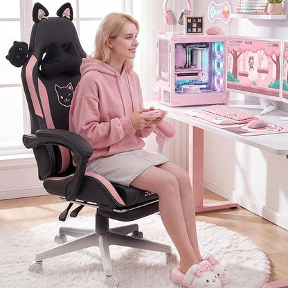 Dowinx Pink Gaming Chair with Cat Ears and Massage Lumbar Support, Ergonomic Computer Chair with Footrest and Headrest, Comfortable Reclining Game Chair 290lbs for Adults, Black
