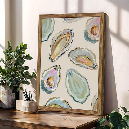 Framed Oyster Shell Canvas Wall Art, Colorful Abstract Wall Art Print, Coastal Beach House Wall Decor, Summer Dining Room Picture Poster, Modern Kitchen Oyster Oil Painting Artwork 16x24 inch