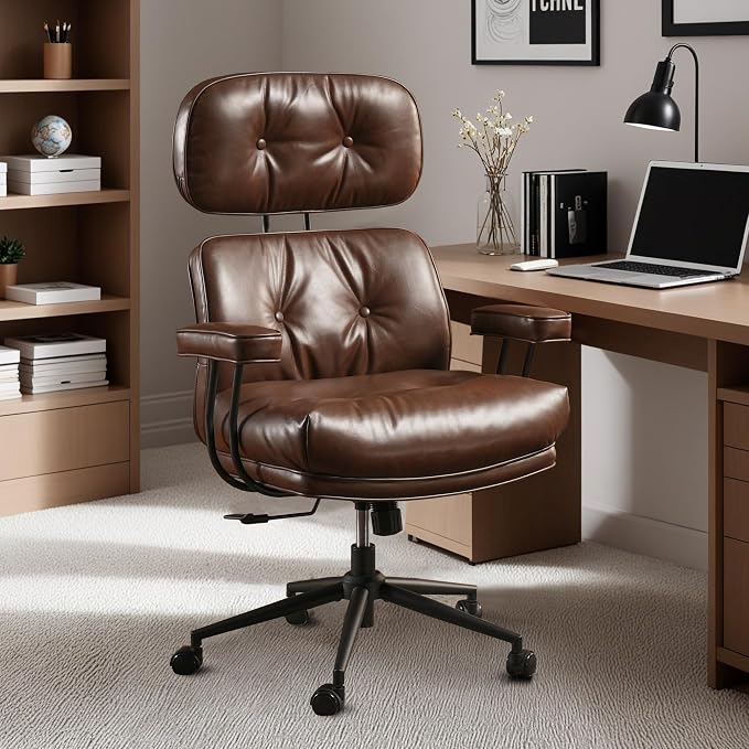 Home Office Chair,Ergonomic Computer Chair with Lumbar Support Adjustable Height,Mid-Century Modern Office Chair with Rolling Swivel Chair for Home Office Game Study(PU Leather Chair,Coffee)