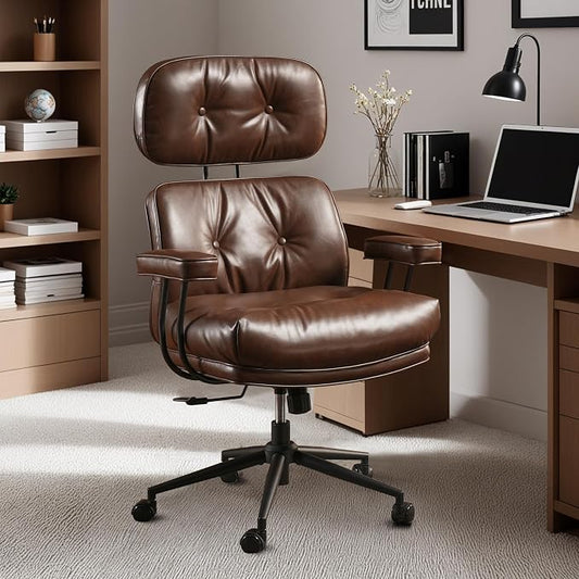Home Office Chair,Ergonomic Computer Chair with Lumbar Support Adjustable Height,Mid-Century Modern Office Chair with Rolling Swivel Chair for Home Office Game Study(PU Leather Chair,Coffee)