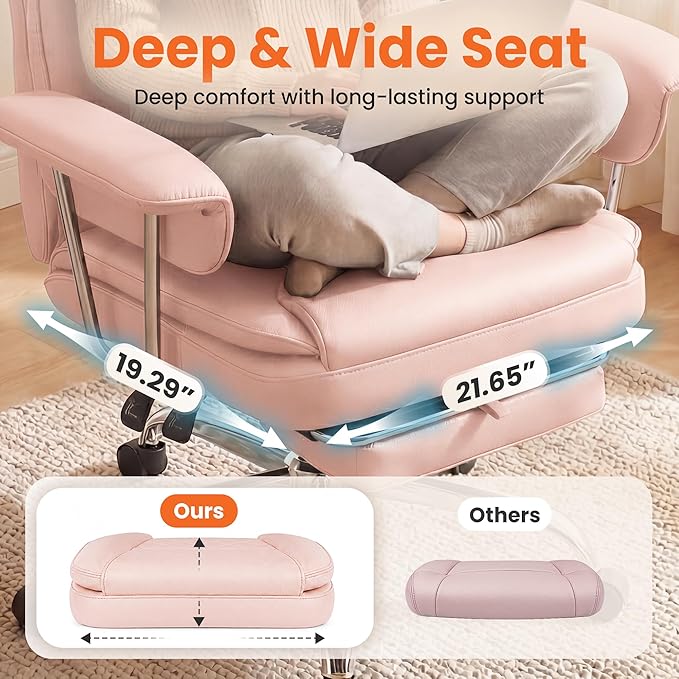 NEO CHAIR Big and Tall Office Chair Gaming Computer Chair High Back Heavy Duty Desk Chai with Lumbar Support Adjustable Recliner Footrest Wide Seat Leather Executive Home with Wheels (Leather Pink)