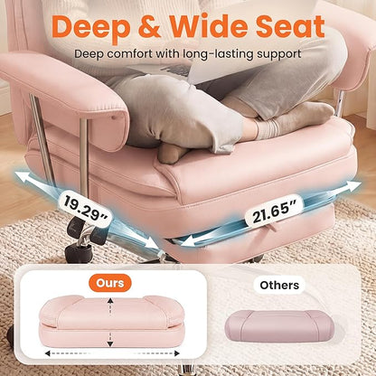 NEO CHAIR Big and Tall Office Chair Gaming Computer Chair High Back Heavy Duty Desk Chai with Lumbar Support Adjustable Recliner Footrest Wide Seat Leather Executive Home with Wheels (Leather Pink)