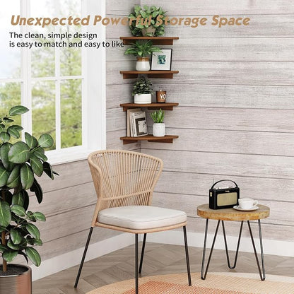 Forbena Corner Bookshelf Wall Mounted Set of 4, Wooden Floating Book Shelves for Nursery, Large Wall Shelving Unit for Living Room Bedroom Bathroom Kitchen Office Classroom Corner (Walnut Color)