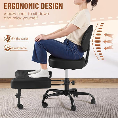 Homall Ergonomic Cross Legged Office Desk Chair with Wheels, 360° Swivel and Adjustable Height for Meditation and ADHD,Criss Cross Kneeling Chair with Lumbar Support (Leather, Black)