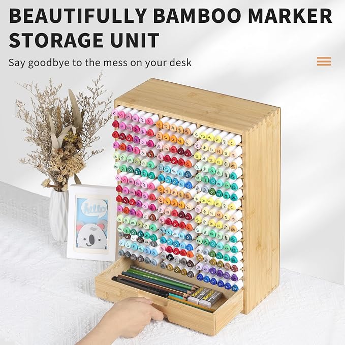 AUTOARK Bamboo Marker Organizer for 225 Markers,AHK-063 | Desktop Storage with Drawers,Art Markers Pens Pencils Brushes,Stationary Organizer