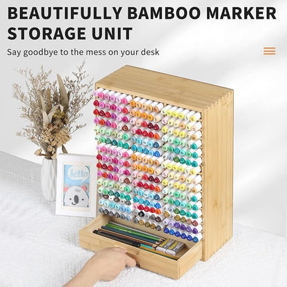 AUTOARK Bamboo Marker Organizer for 225 Markers,AHK-063 | Desktop Storage with Drawers,Art Markers Pens Pencils Brushes,Stationary Organizer