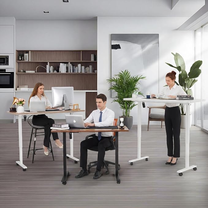 farexon Electric Standing Desk Adjustable Height, 71 x 28 Inch Sit Stand up Desk with Large Mouse Pad, Double Metal Hook,4 Wheels,4 Memory Preset Heights Home Office Computer Desk（Brown）