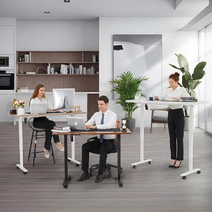 farexon Electric Standing Desk Adjustable Height, 71 x 28 Inch Sit Stand up Desk with Large Mouse Pad, Double Metal Hook,4 Wheels,4 Memory Preset Heights Home Office Computer Desk（Brown）