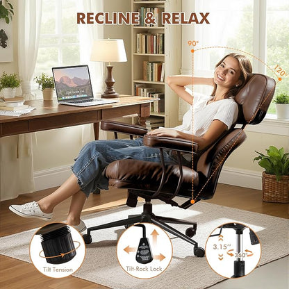Faux Leather Executive Office Chair - Big and Tall Ergonomic Home Office Chair,Reclining Computer Desk Chair with Lumbar Support,Adjustable Task Chair Swivel Rolling PC Chair with Wheels,PU,Dark Brown