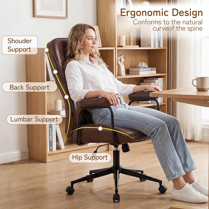 Furniliving Leather Office Chair, Comfy Home Office Desk Chair, Mid Century Modern Office Chair with Lumbar Support, Mid-Back Adjustable Swivel Computer Chair with Wheels and Arms, Dark Brown