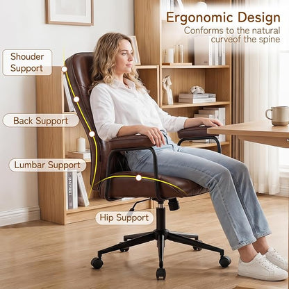 Furniliving Leather Office Chair, Comfy Home Office Desk Chair, Mid Century Modern Office Chair with Lumbar Support, Mid-Back Adjustable Swivel Computer Chair with Wheels and Arms, Dark Brown
