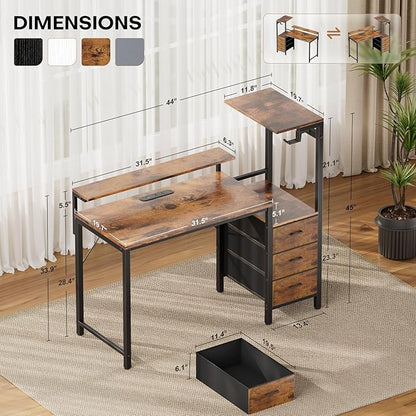 HLDIRECT 44 inch Gaming Desk with 3 Fabric Drawers & Side Hooks-Reversible Home Office Computer Desk with Power Outlets & Led Lights, Gamer Desk Table with Monitor Stand, Rustic Brown