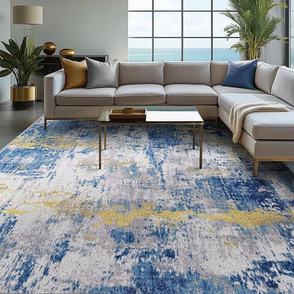 RELEANY Washable Area Rugs 9'x12' Non-Slip Modern Abstract Soft for Living Room Entryway Bedroom Kitchen, Print Pattern, Grey Blue Gold/Golden