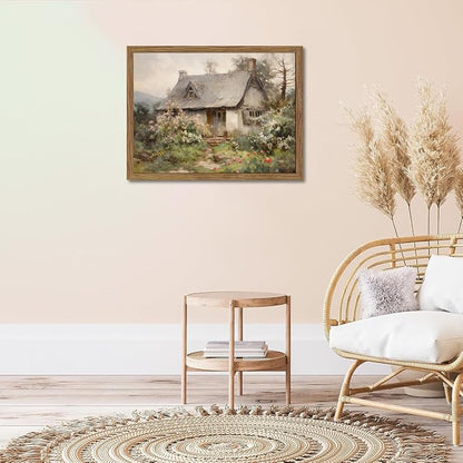 Framed Farmhouse Wall Decor, Country Cottage Pictures Wall Art, Pastoral Nature Landscape Canvas Print, Vintage Farm House Oil Painting Artwork for Bedroom Living Room – 12x16 inch