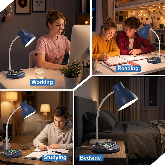 Desk Lamp for Home Office - LED Desk Lamp with Wireless Charger, 3 Color Modes Dimmable Eye-Caring Study Reading Desk Light, Small Flexible Arm Table Lamp for College Dorm Room, Navy Blue