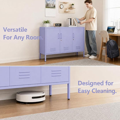 Purple Wide 3-Door Accent Cabinet, Lockable Metal Sideboard with Adjustable Shelves, Multifunctional Cabinet for Home Living Room Kitchen Bedroom