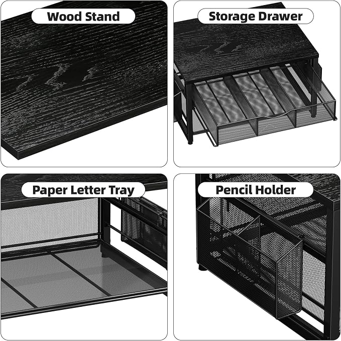 Marbrasse Wood Printer Stand for Desk, 2-Tier Desktop Printer Table for Home Office, Printer Stand with Storage Drawer 2 Pen Holders, Multi-Purpose Desk Organizer for Fax Machine Scanner (Wood Black)