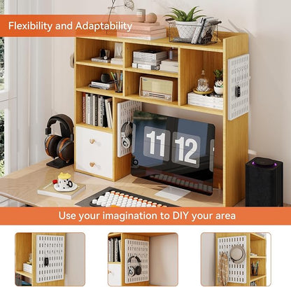 ELECWISH Desktop Bookshelf, Desk Shelf with 2 Drawers for Computer Desk, 36.22" 7-Tier Adjustable Desktop Hutch Organizer with Pegboard for Home Office, Oak