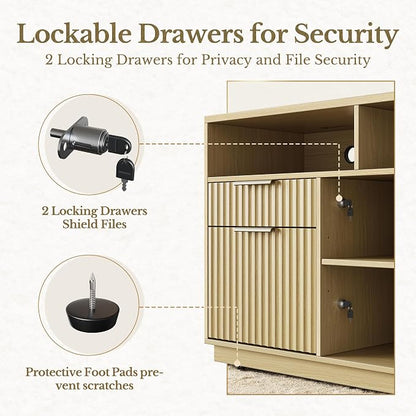 4 Drawer File Cabinet, Fluted Wood Lateral Filing Cabinet with Lock and Charging Station for Home Office, Printer Stand with Open Storage Shelves, Fits A4, Letter Size, Light Waulnut